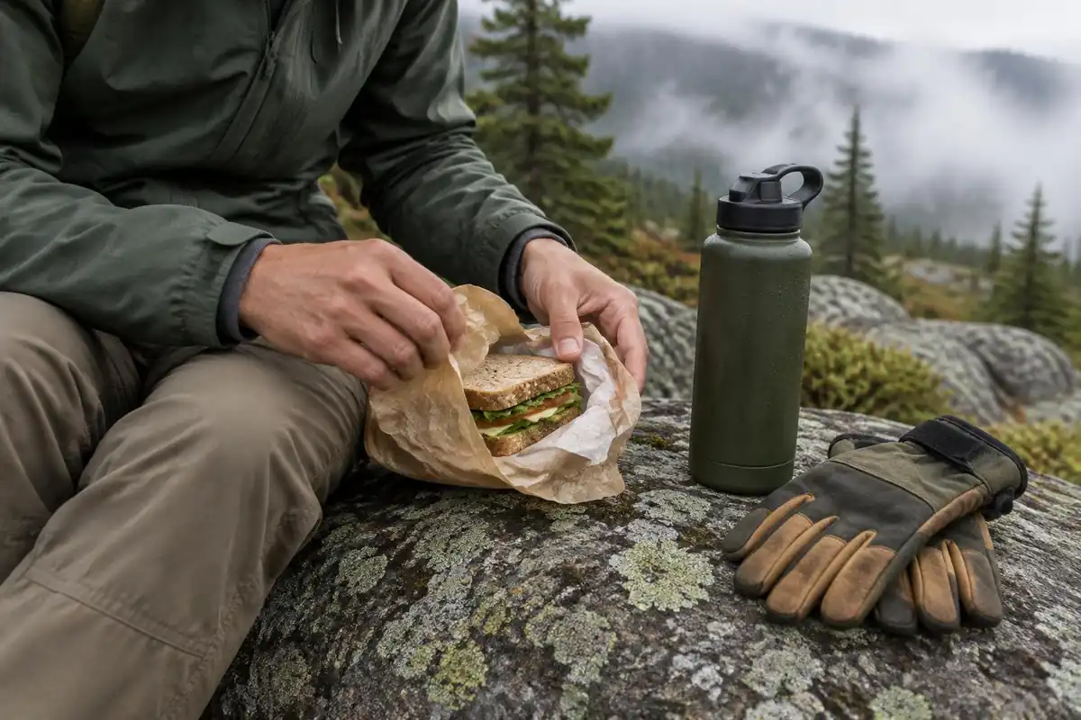 Hands unwrapping a sandwich beside water bottle and gloves on a lichen boulder