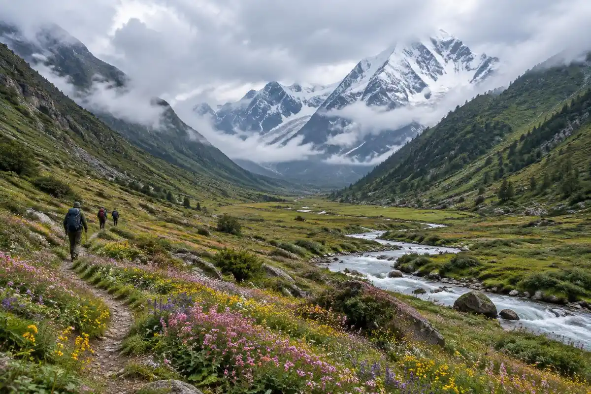 Broad valley carpeted in wildflowers under monsoon cloud with a winding stream