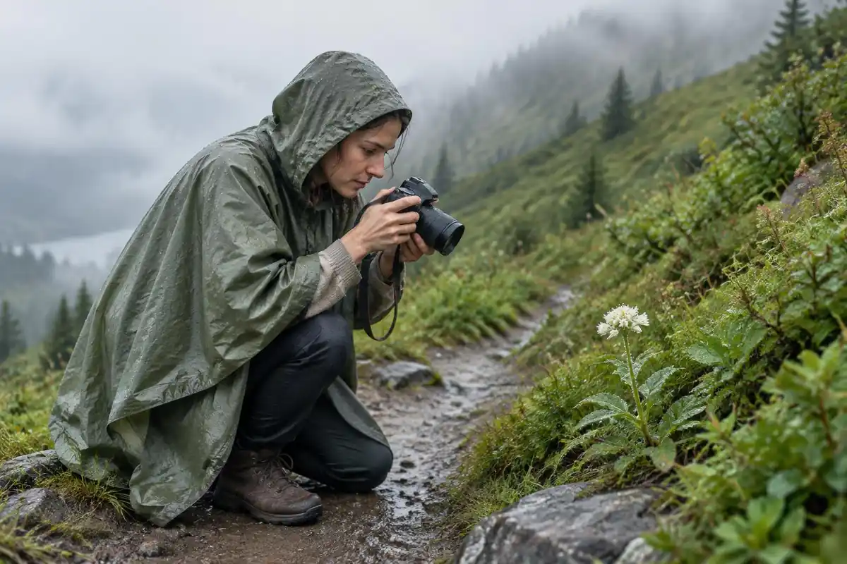 Woman in a rain poncho kneeling to look at wildflowers on a misty path