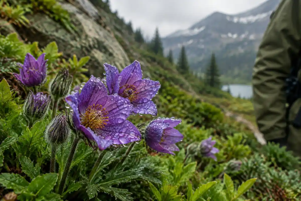 Raindrops on purple alpine flower petals with a hiker's sleeve at frame edge