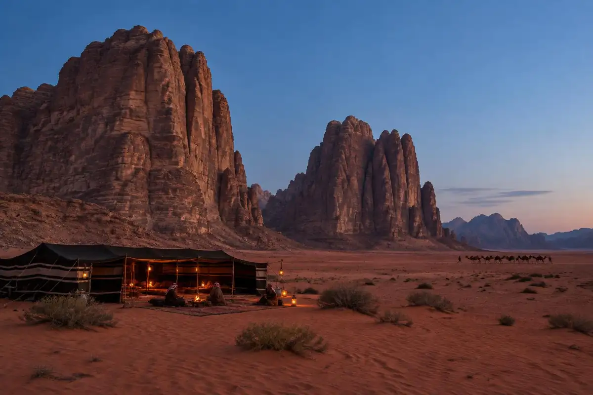 Sandstone towers over red desert sand with a small tent camp and camels