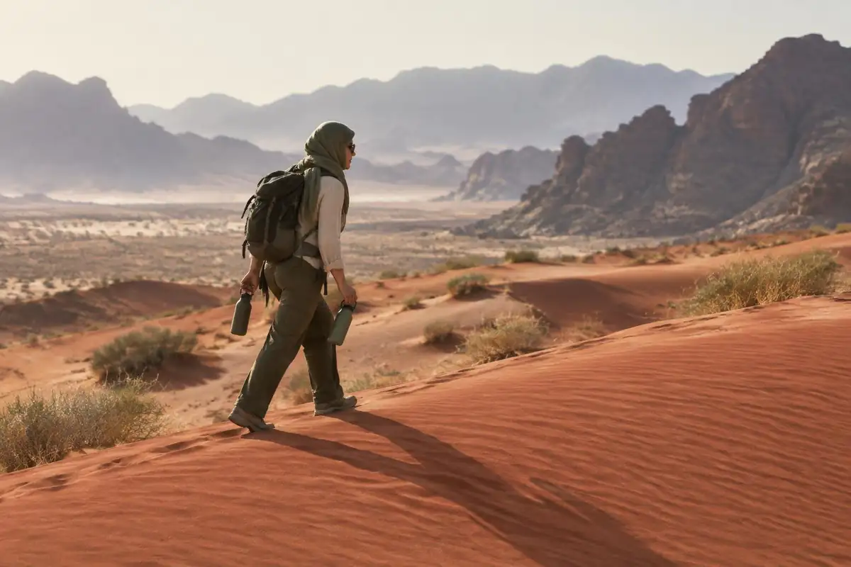 Walker with head scarf crossing soft red dunes with a daypack and water bottles