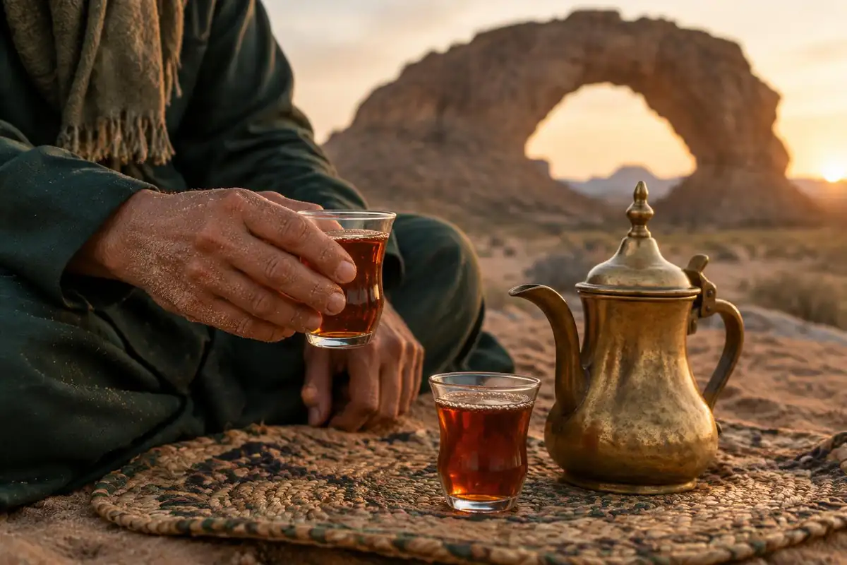 Glass cups of tea and a brass pot on a woven mat in the sand