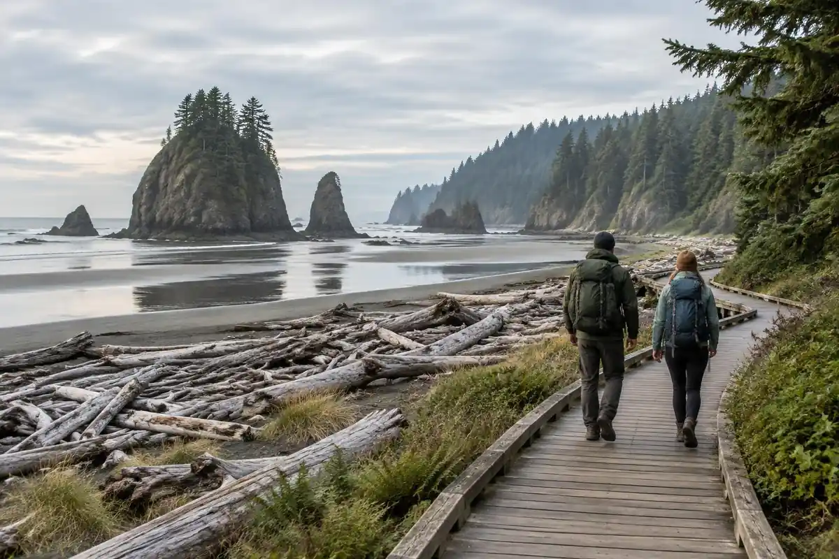 Temperate rainforest coast with driftwood beach, sea stacks and a wooden boardwalk