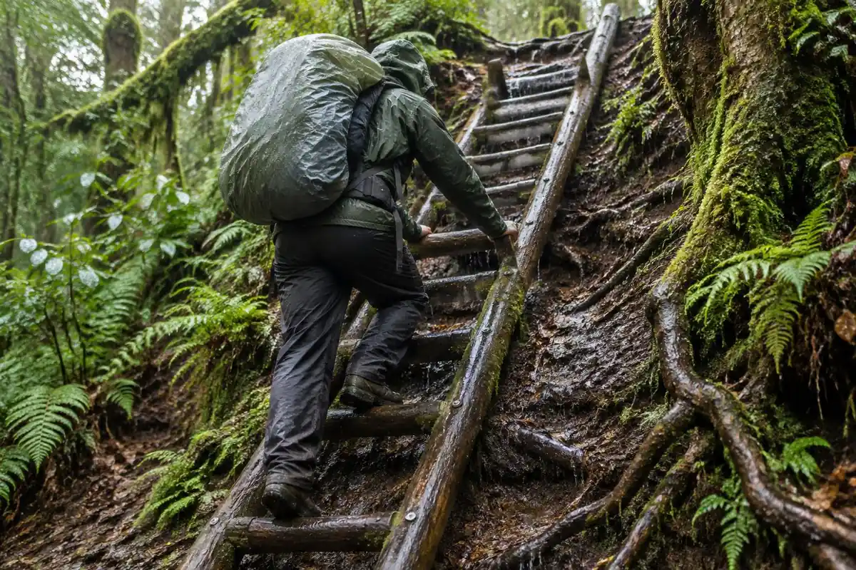 Hiker climbing a wooden ladder up a muddy bank with a dry-bag lined pack