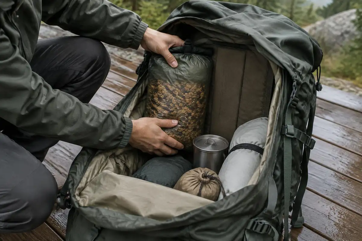 Backpack being packed heavy items close to back with a scale and water bags
