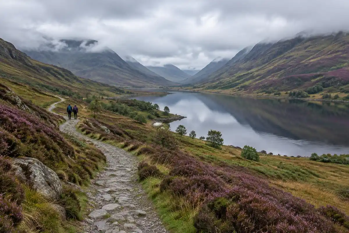 Long green glen with a loch and heather hillsides in low cloud
