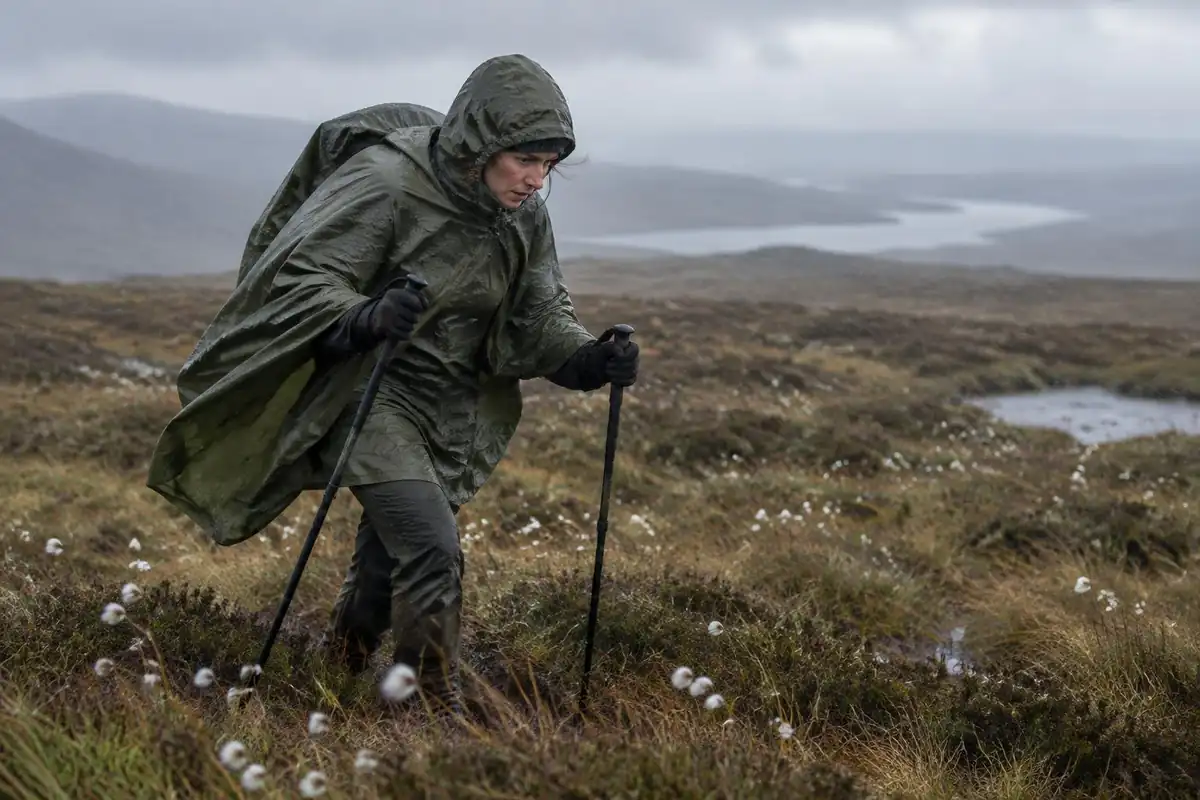 Hiker on a wet moor in a poncho with wind-flattened grass, trekking pole in hand