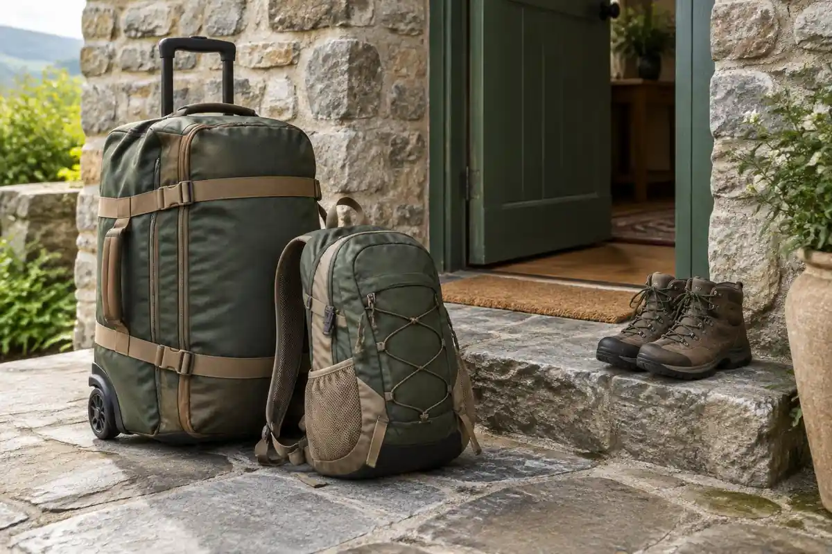 Small daypack beside a suitcase at a guesthouse porch door