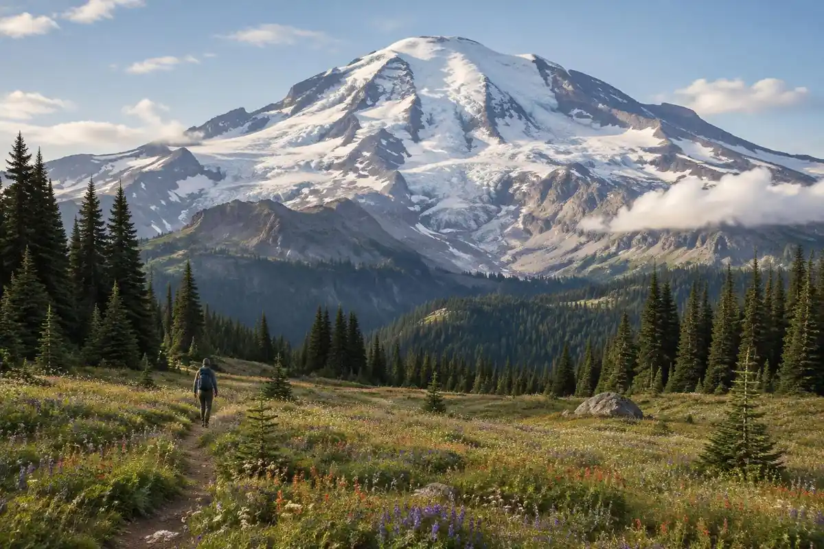 Old-growth forest opening to a huge glaciated volcano with wildflower meadows