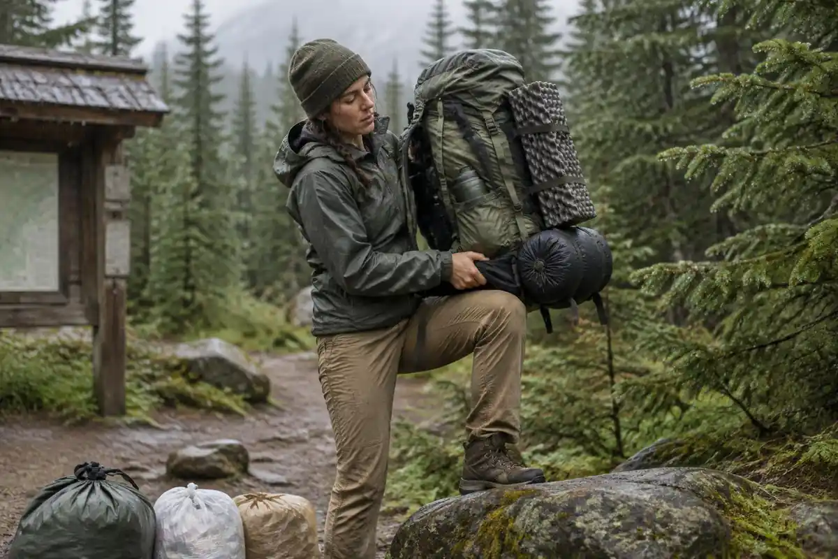 Backpacker hoisting a large pack onto a knee at a trailhead with a bag of food