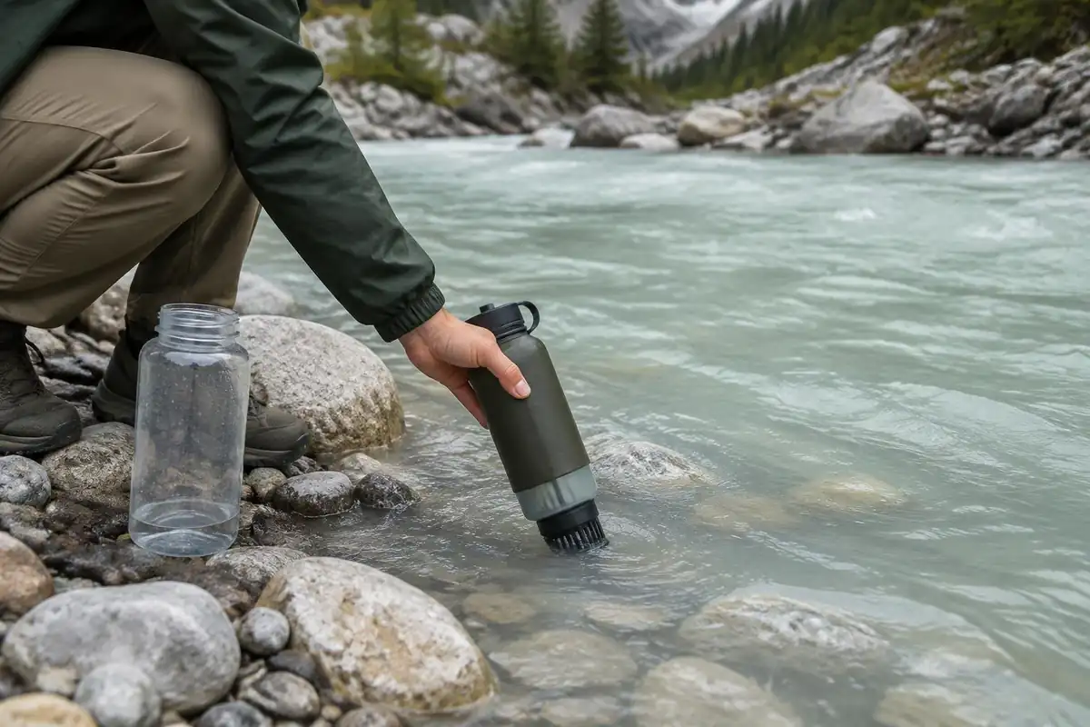 Cloudy milky glacial stream running over pale stones with hand-held filter bottle beside it