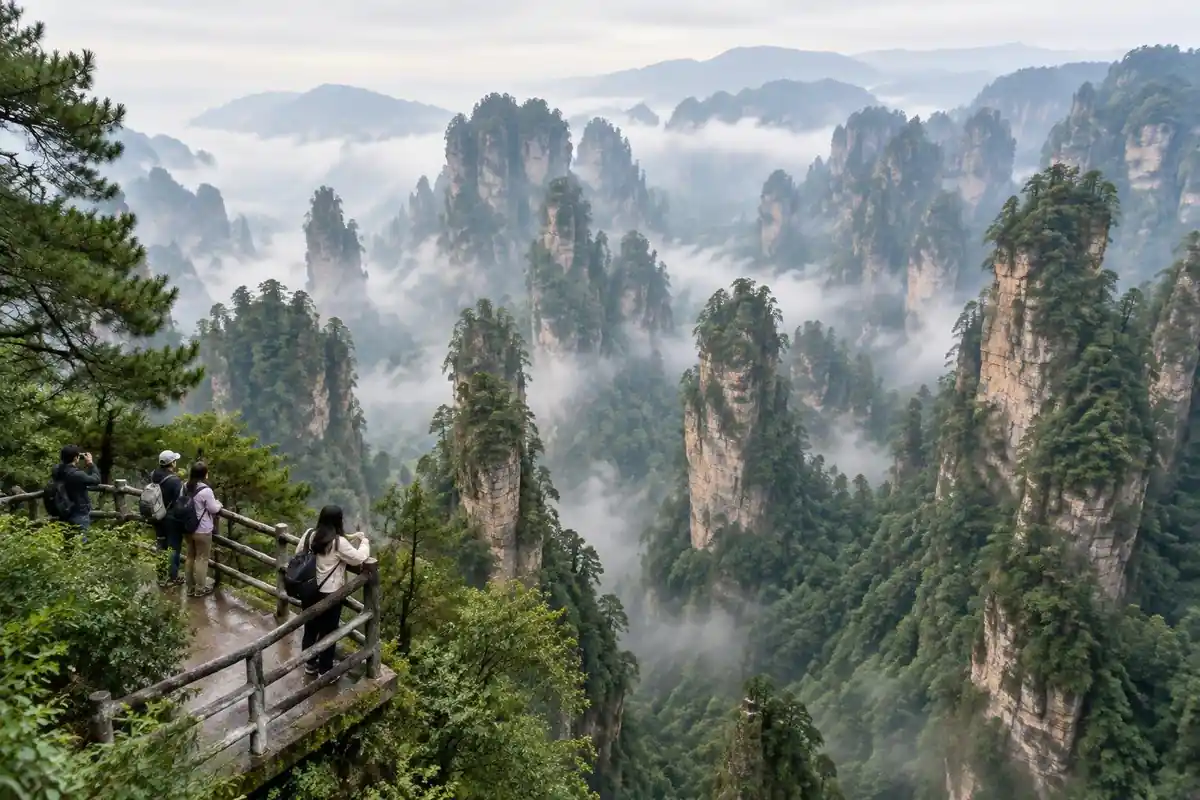 Forested sandstone pillars rising from a misty valley beside a railed viewing platform