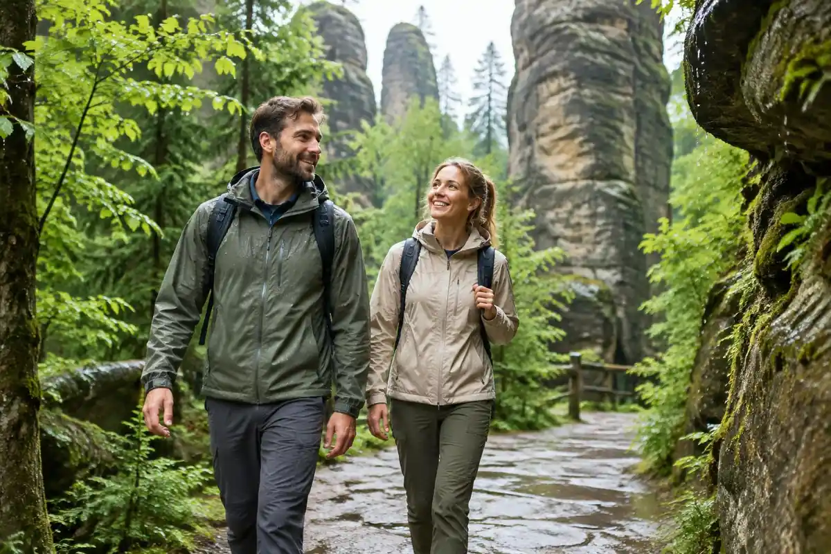 Couple in rain jackets walking a paved forest path between towering stone pillars