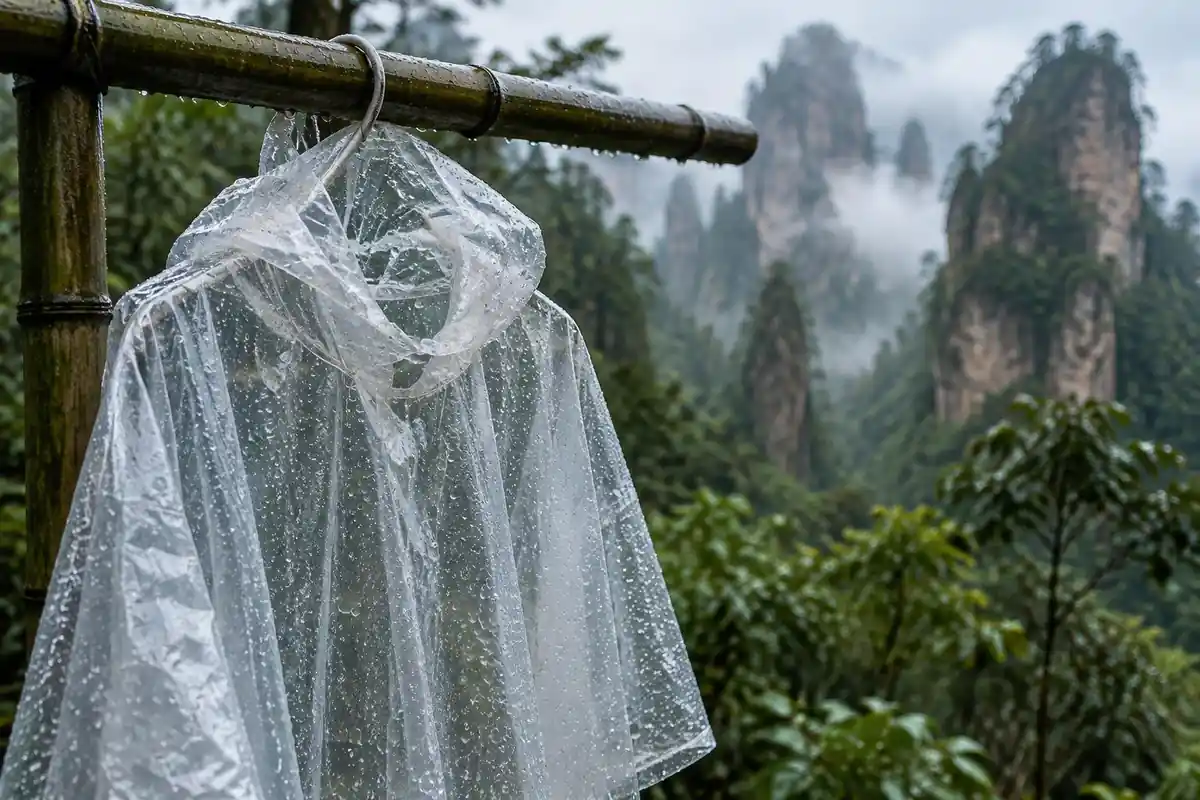 Clear poncho with water beads hanging from a bamboo rail against blurred forest
