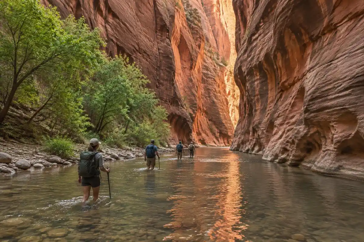 Red sandstone slot canyon with a narrow river and hikers wading