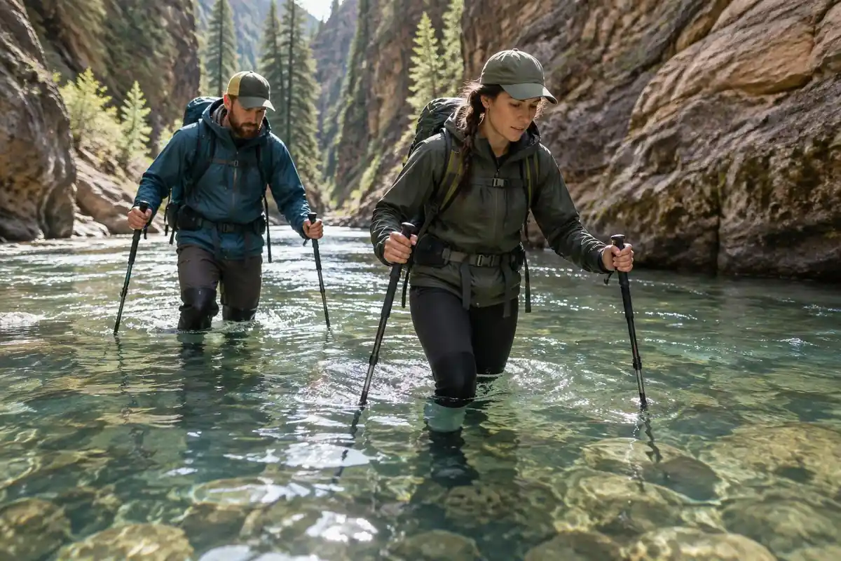 Hikers wearing neoprene socks and sturdy shoes walking through knee-deep water