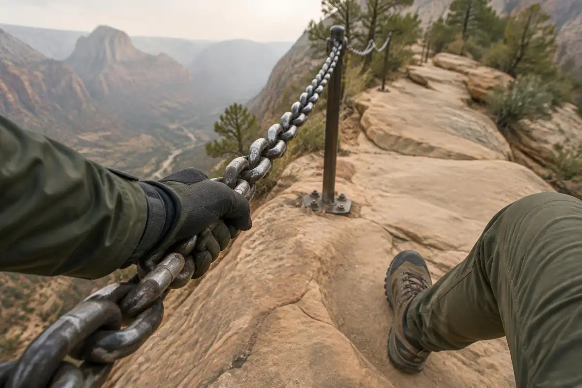 Chain handrail on a rock ridge with a gloved hand on it, safe stance