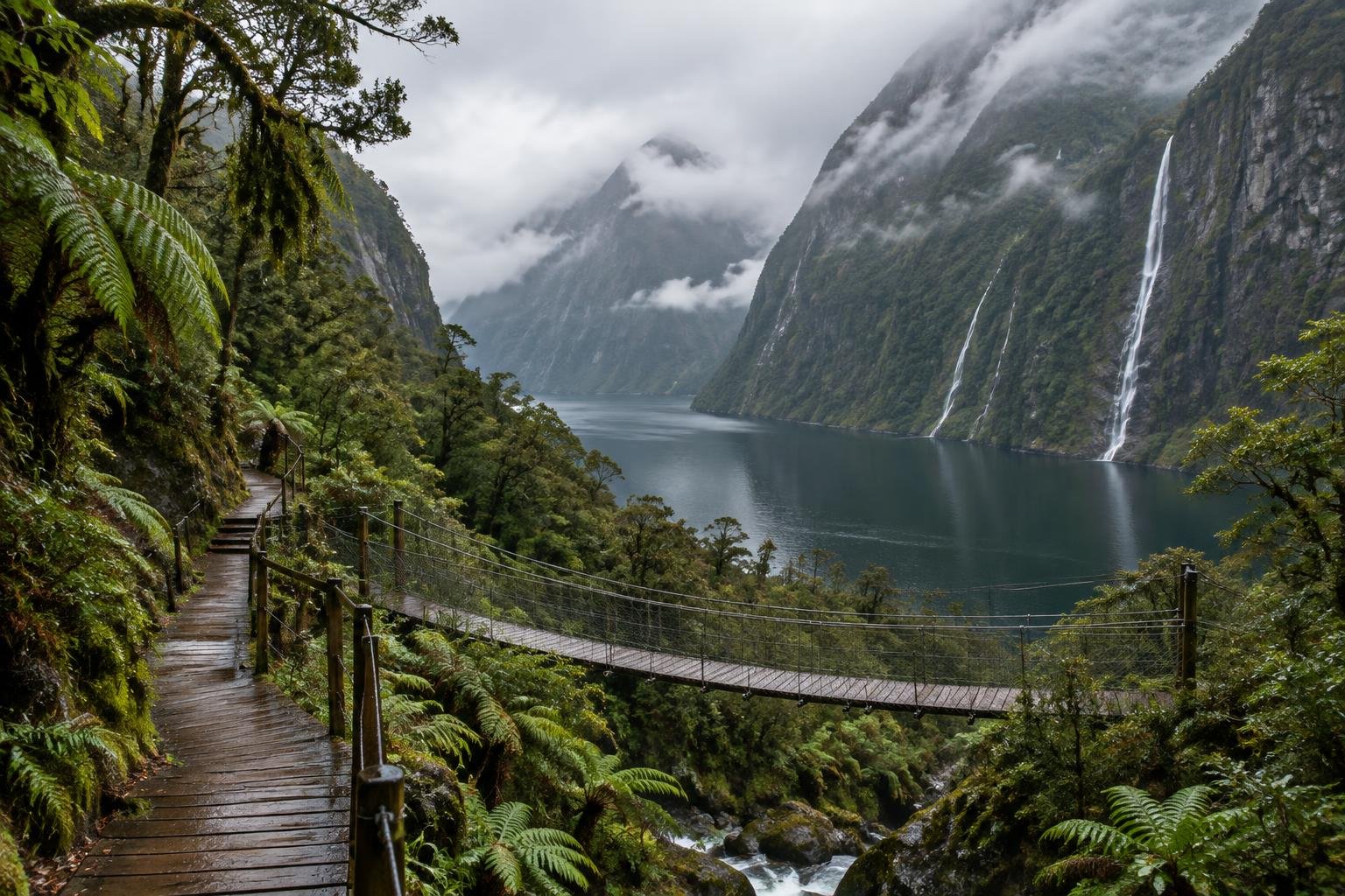 Misty fjord walls plunging into dark water beneath low cloud with a tiny trail boardwalk