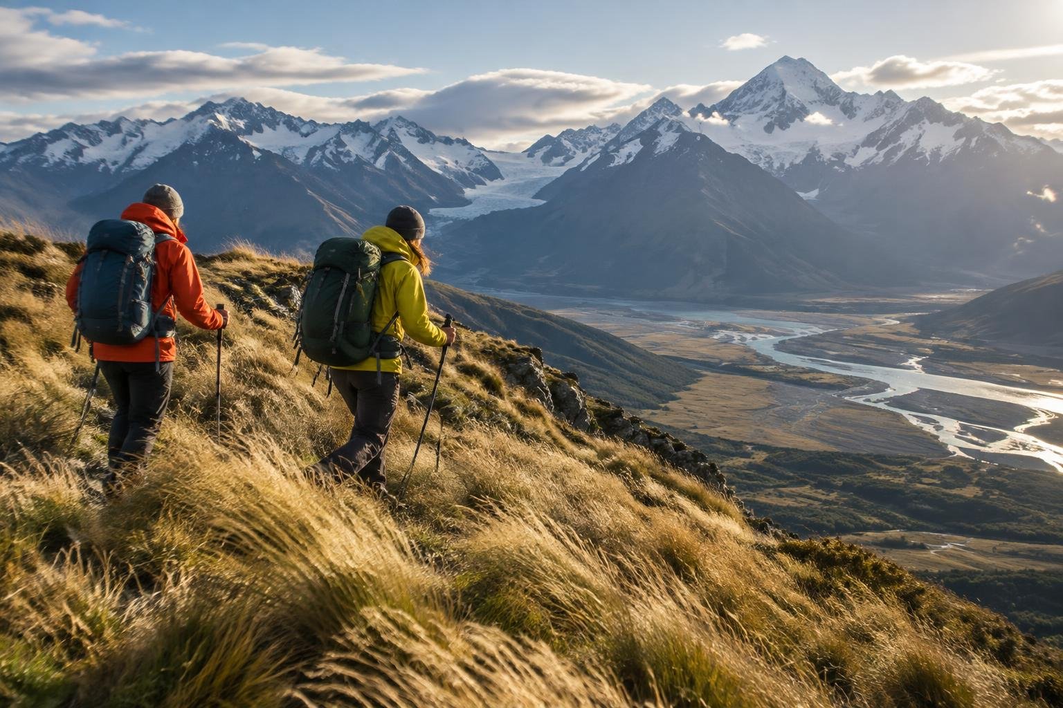 Two hikers in rain jackets pick their way across a tussock ridge toward distant snow peaks