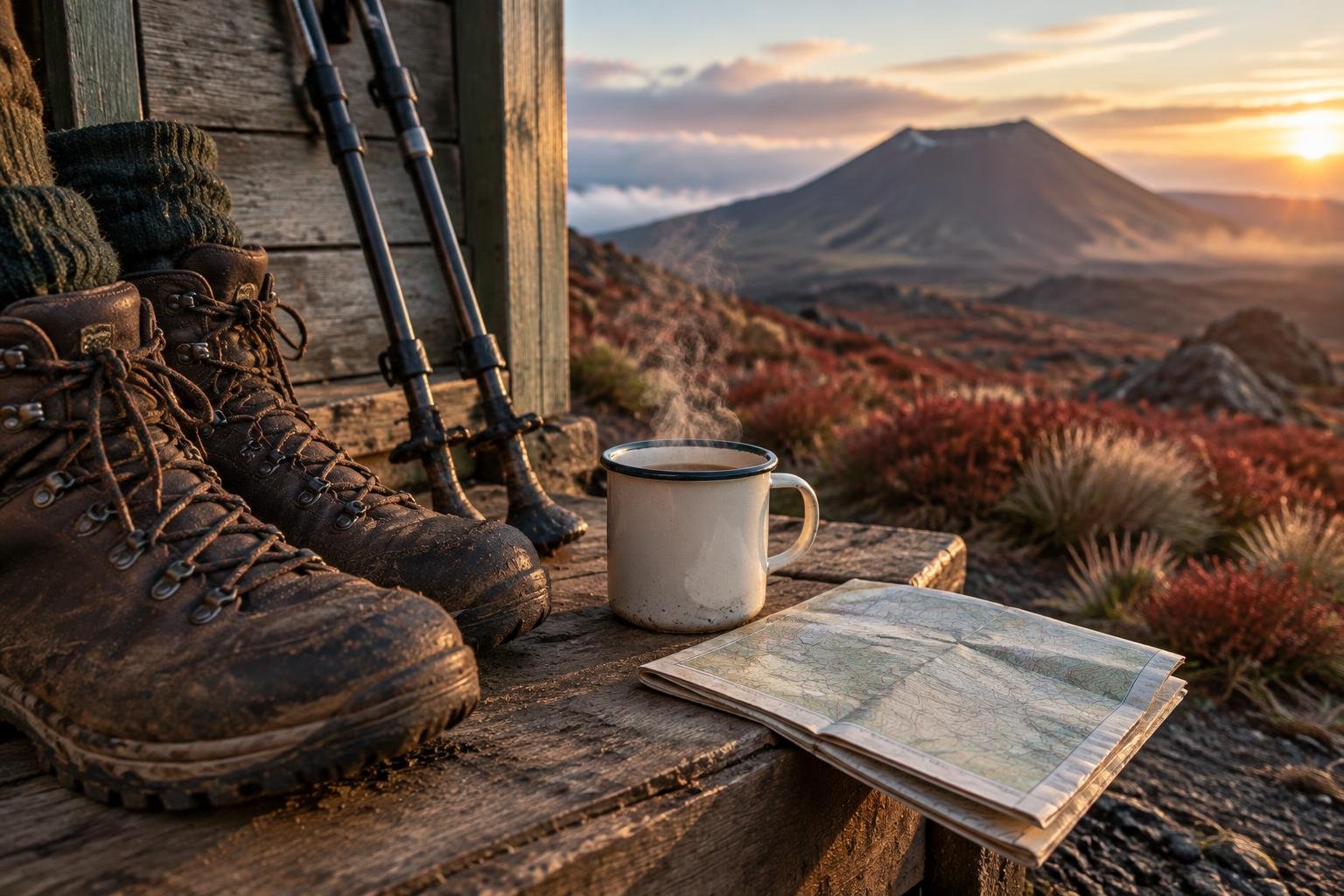 Muddy boots and trekking poles beside a steaming mug outside a simple trail hut