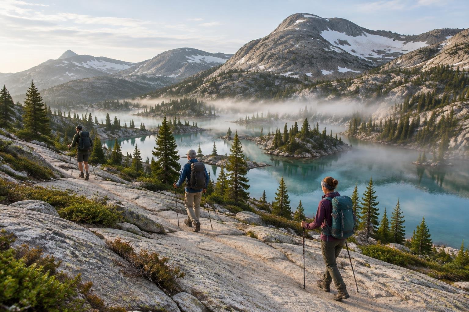 Wide view of a small hiking group crossing a granite basin dotted with alpine lakes