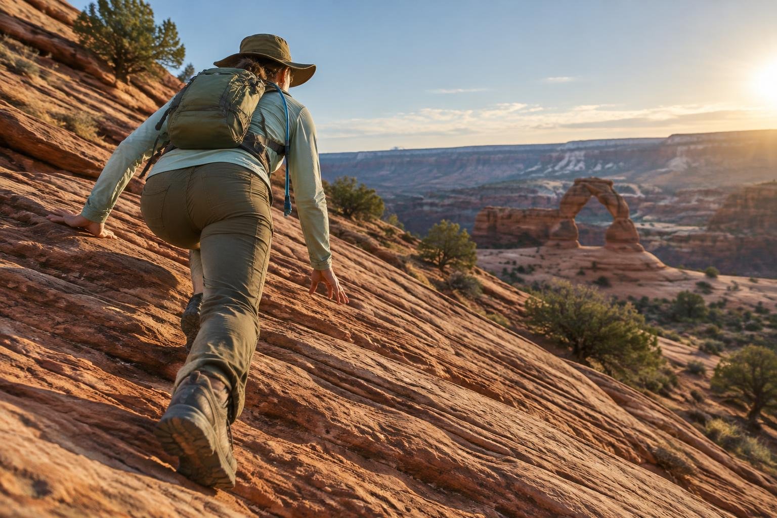 Hiker in a broad hat scrambling up red sandstone slickrock toward a rock arch