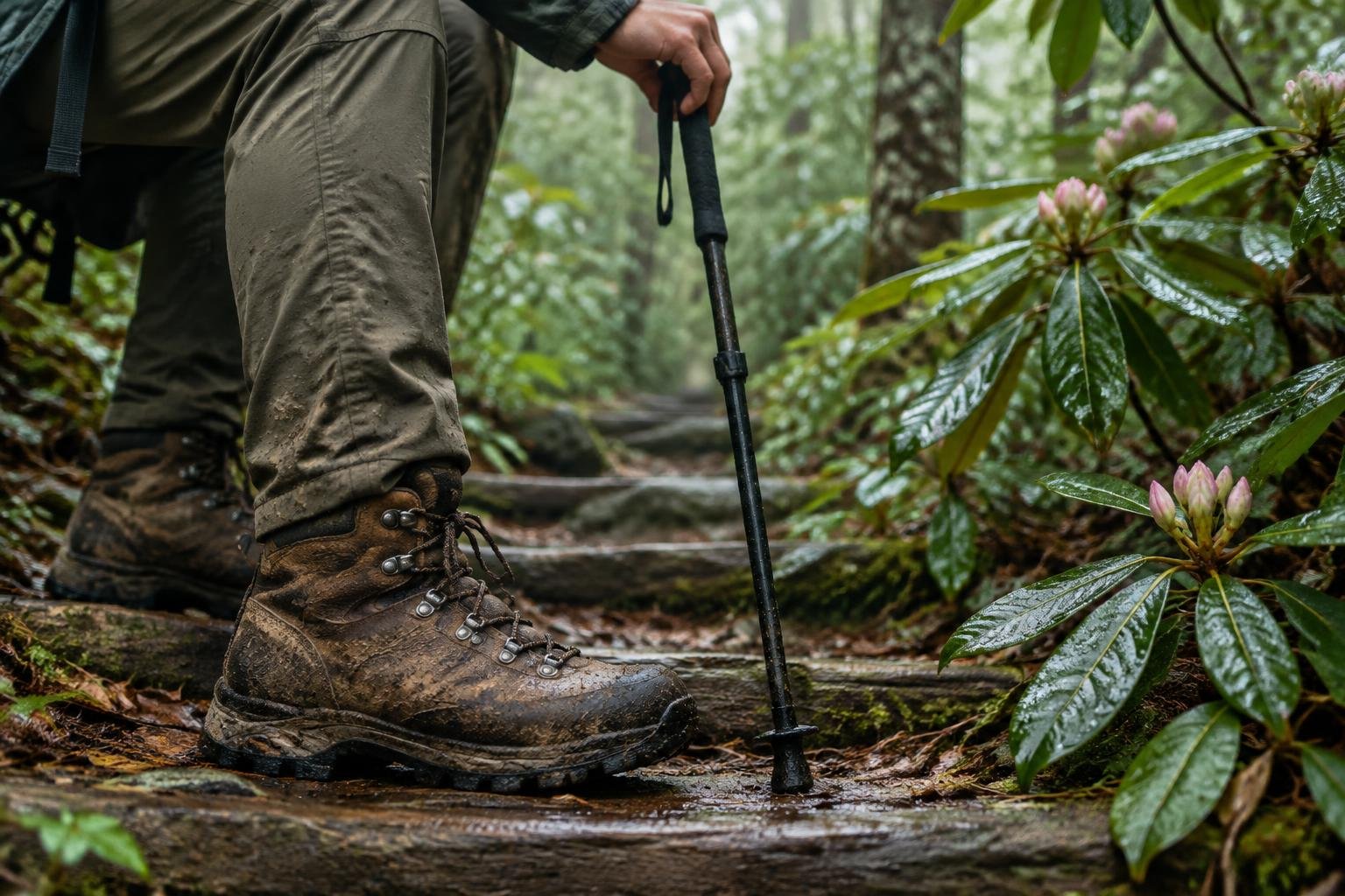 Muddy boots and trekking pole on a rhododendron-lined forest path after rain