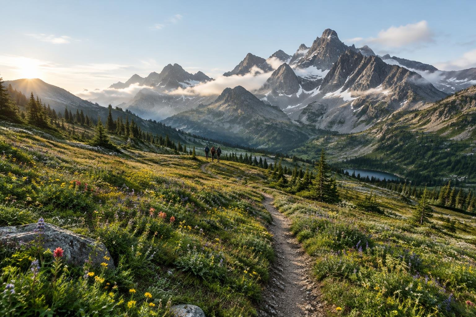 Wide view of a winding trail crossing a green alpine valley beneath jagged peaks