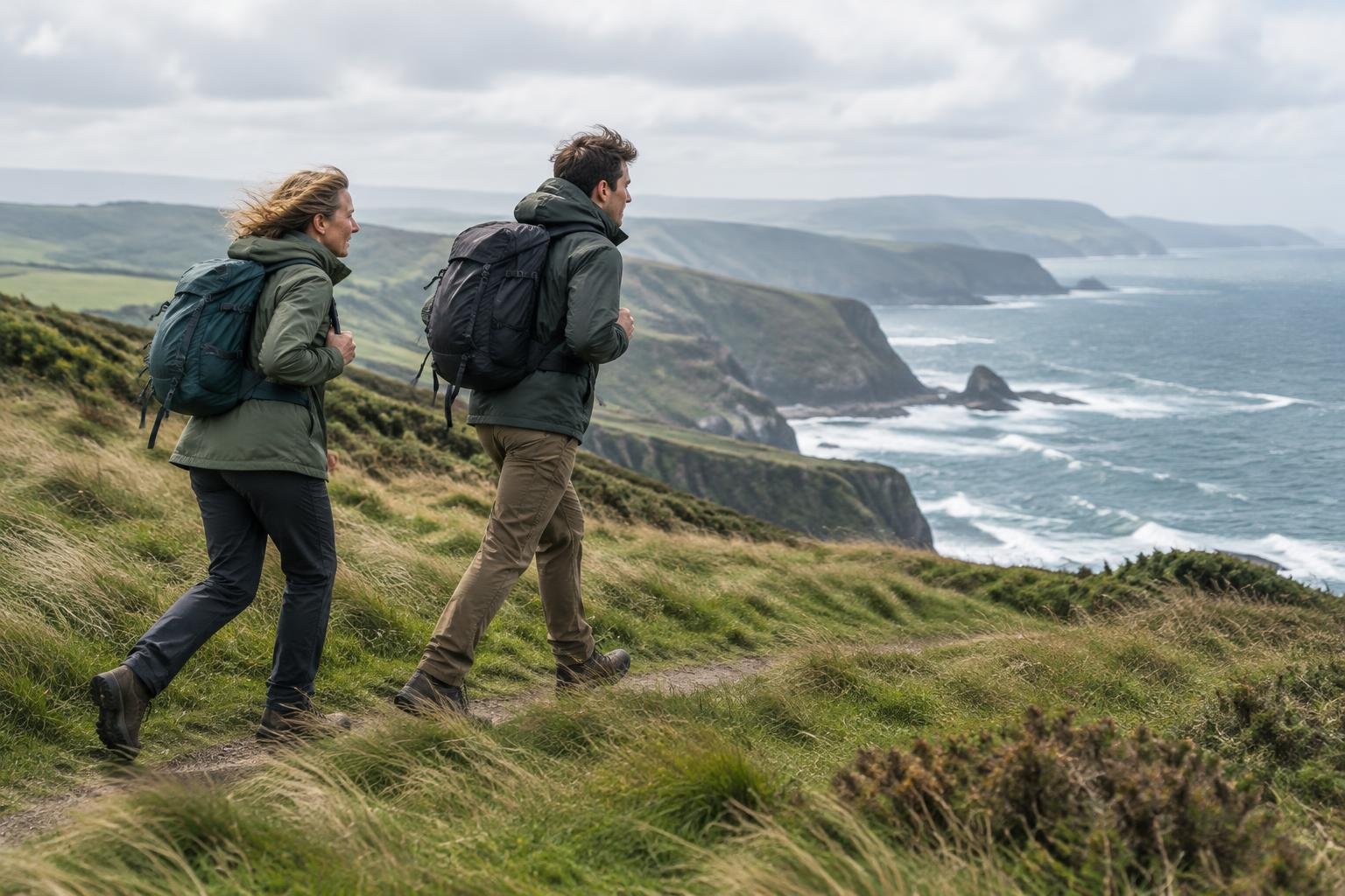 Two hikers crossing a rocky ridge in strong wind on a coastal headland