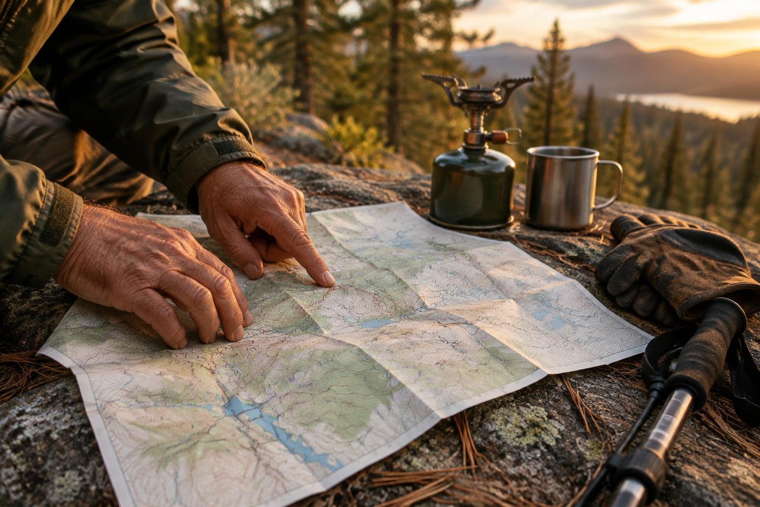 Hands tracing a route on an open paper map beside a small camp stove