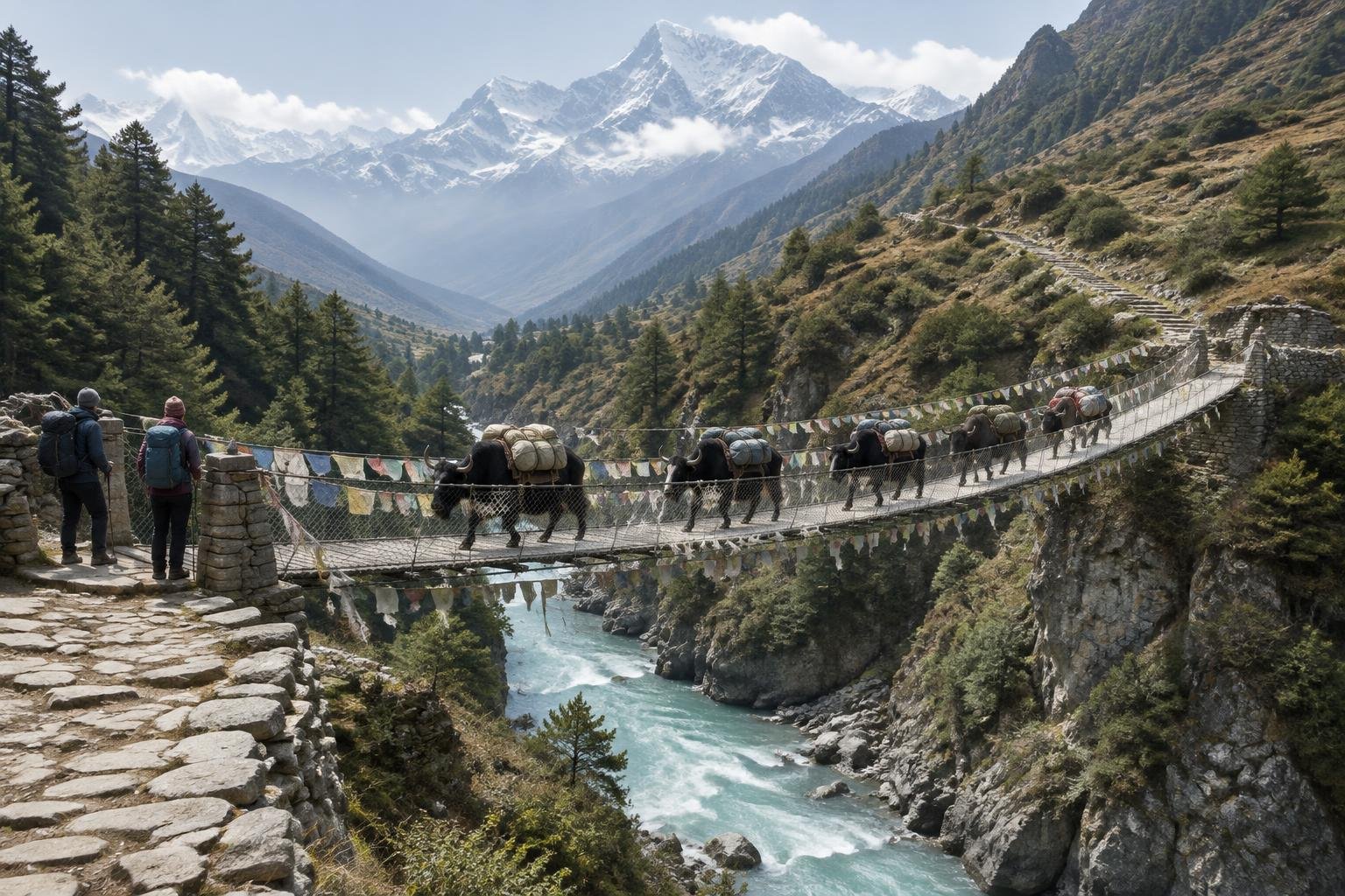 Yak train crossing a high suspension bridge over a glacial river in a wide mountain valley