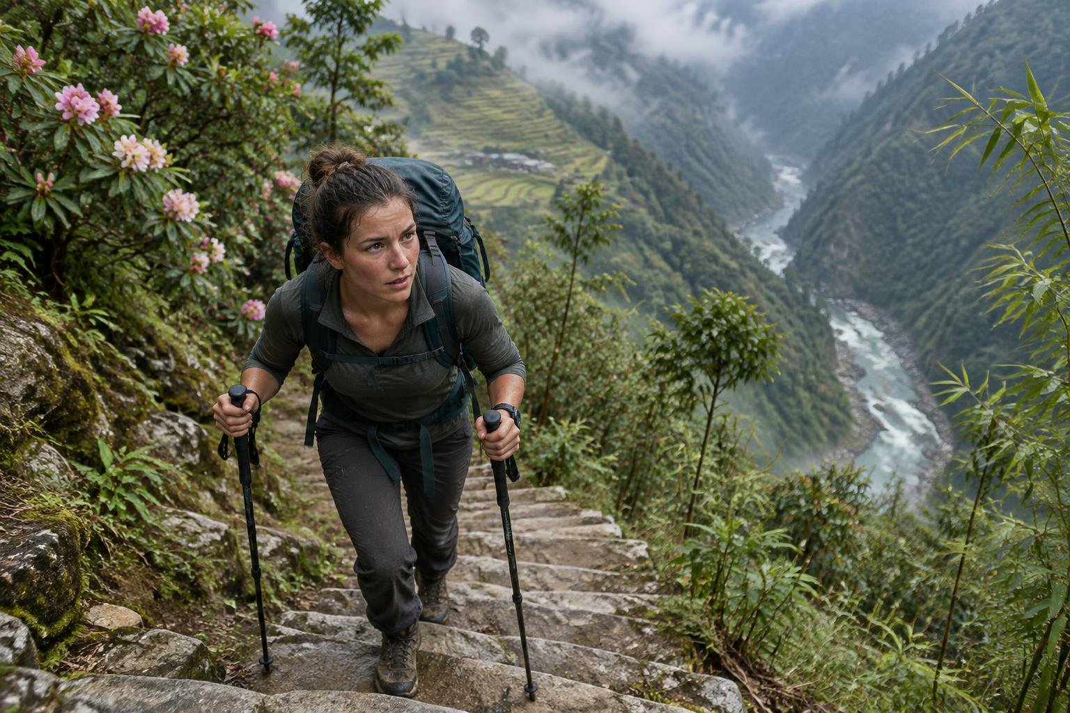 Trekker with poles climbing a steep stone staircase on a terraced green hillside