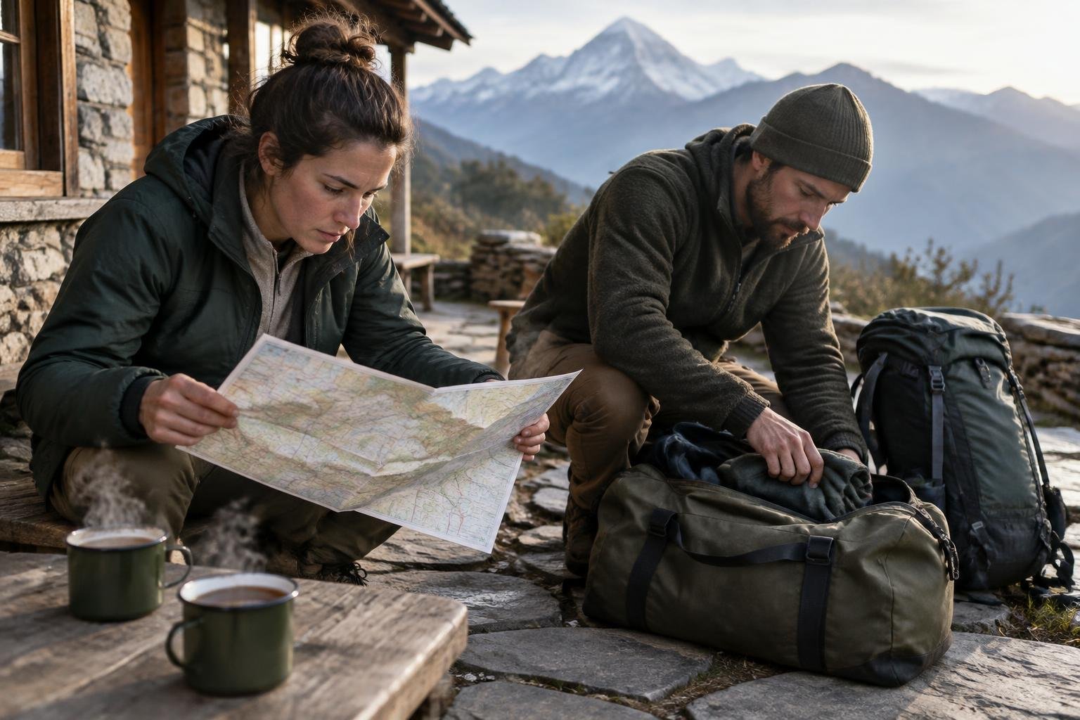Two trekkers kneeling over an open paper map beside a half-packed rucksack