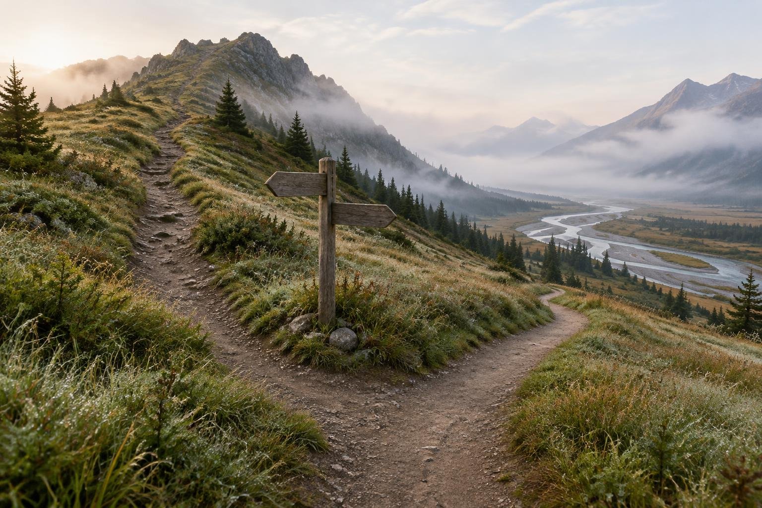 Two footpaths splitting at a grassy junction, one climbing a ridge and one following a river valley