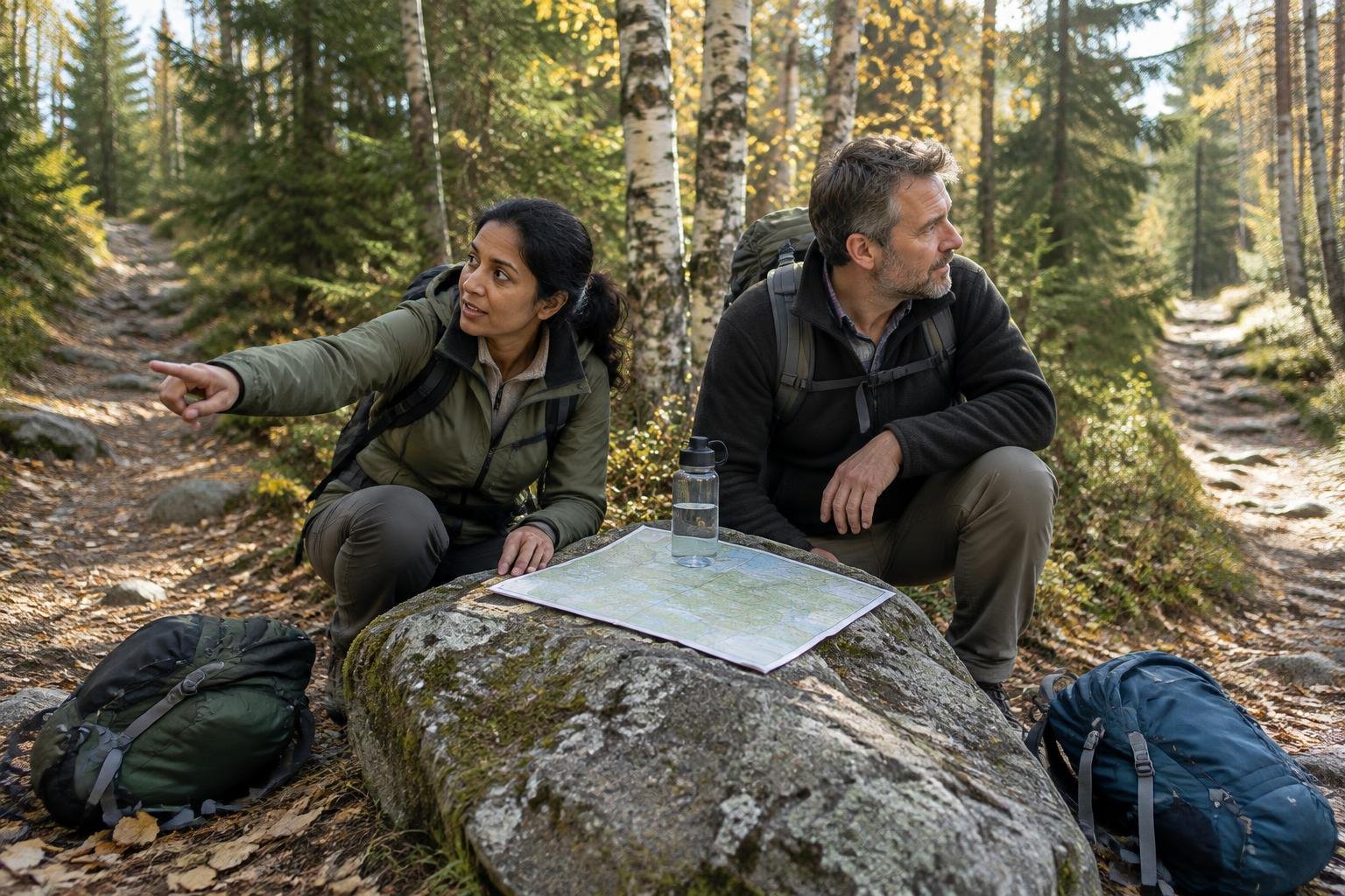 A couple crouched over a paper map on a rock at a trail junction deciding which route to take