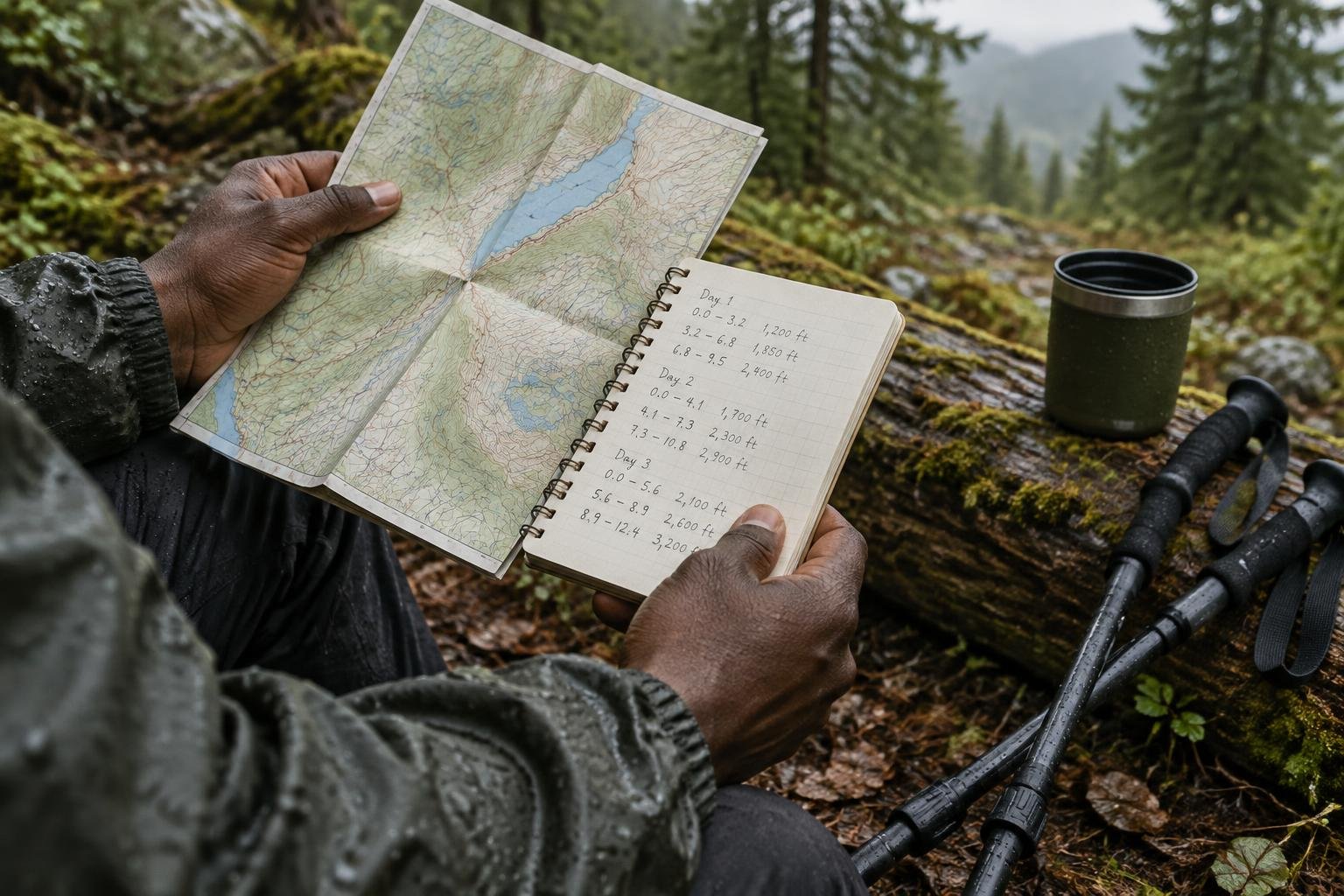 Hands holding a phone and a folded map beside trekking poles and a notebook of trail notes
