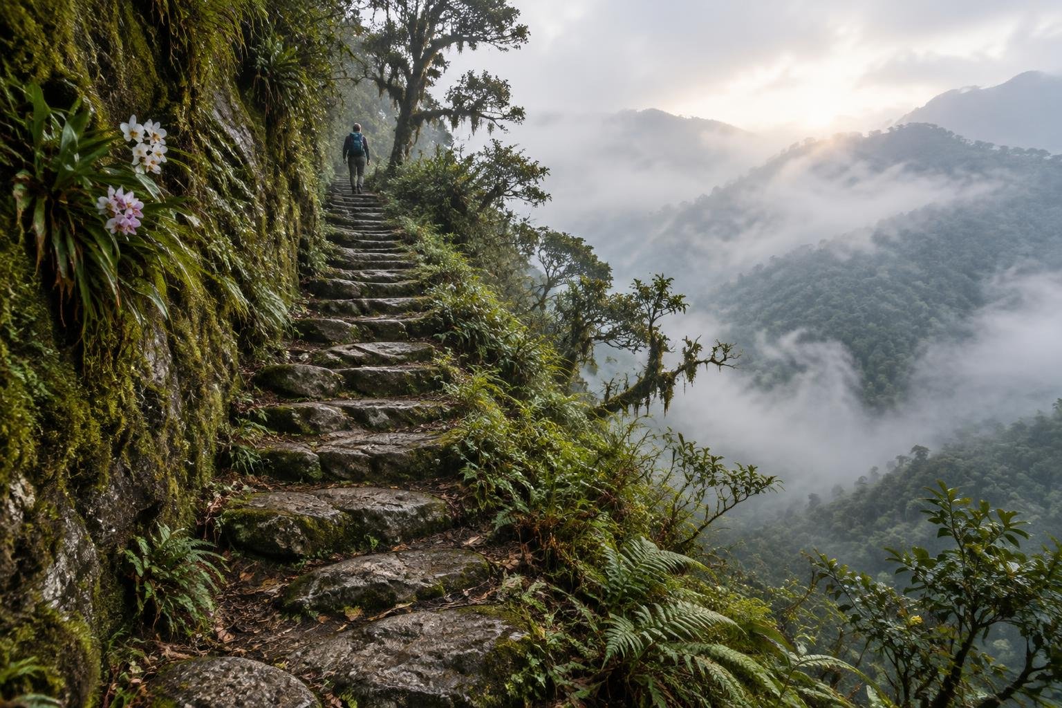 Narrow ancient stone staircase climbing a misty green Andean hillside with a lone hiker far ahead