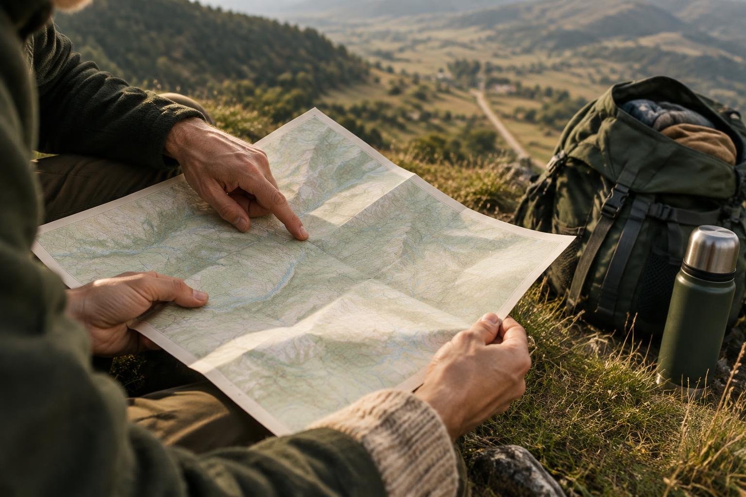 Hands of a hiking couple holding open a blank paper map beside a half-packed backpack on a grassy ledge