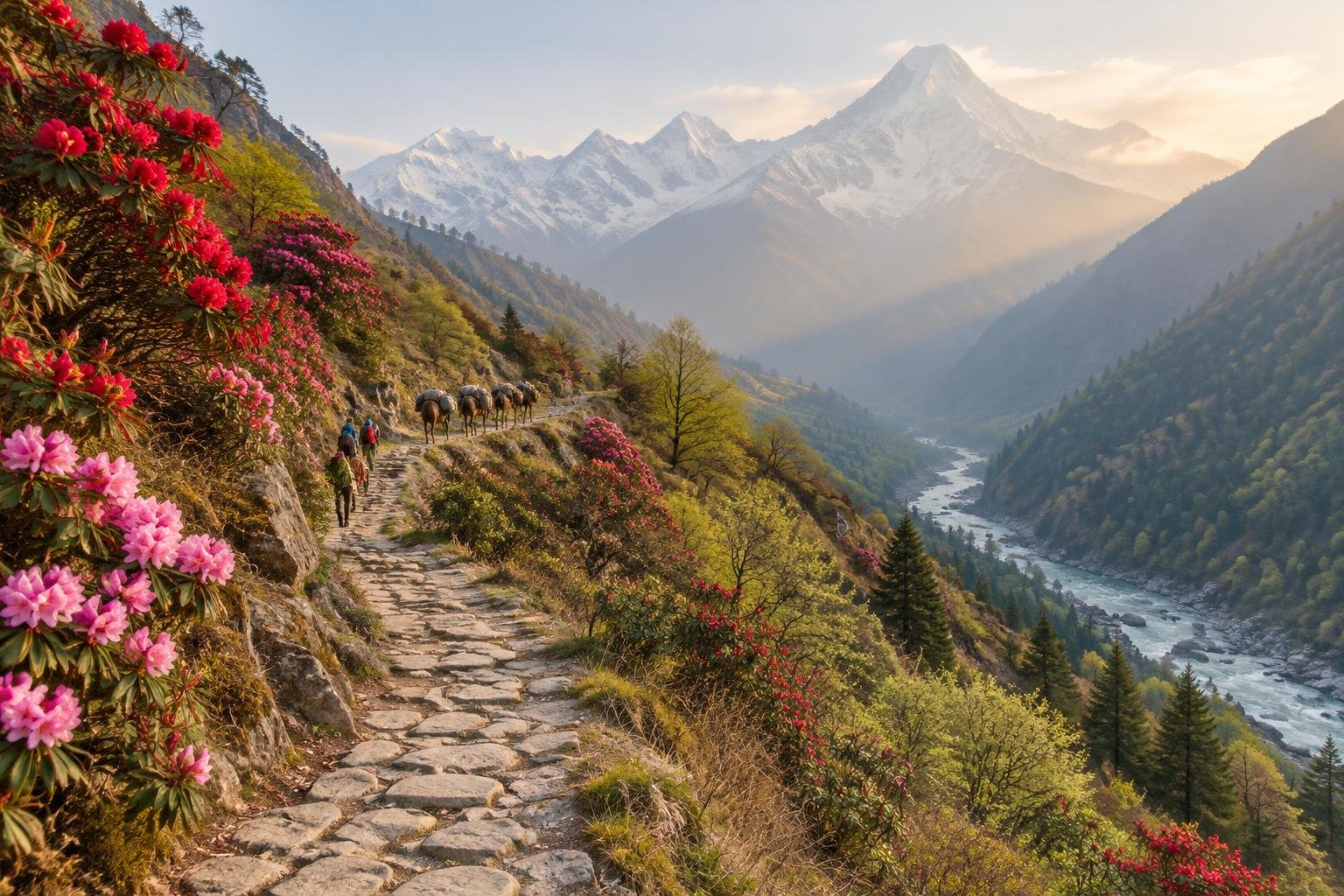 Wide spring valley with blooming rhododendron slopes, stone path and distant snowy peaks under hazy morning light