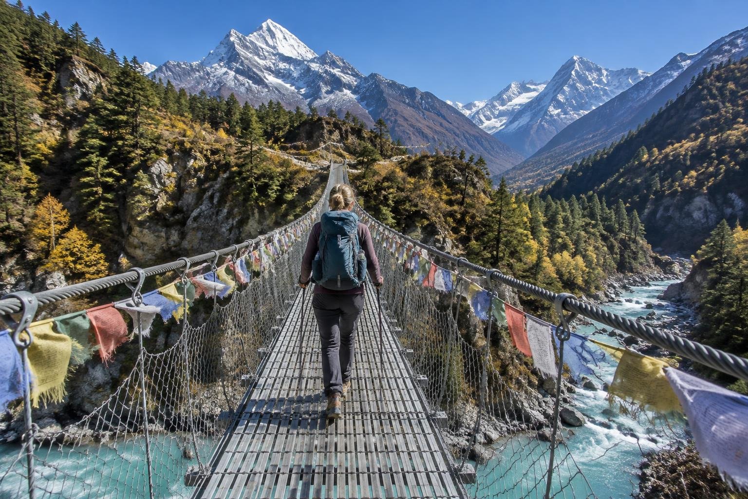 Trekker in clear crisp autumn air crossing a high suspension bridge over a turquoise glacial river