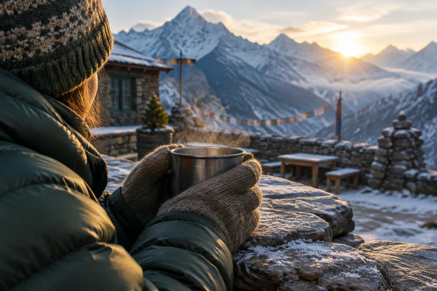 Gloved hands wrapped around a steaming mug beside a frosty stone wall with snow dusted peaks behind