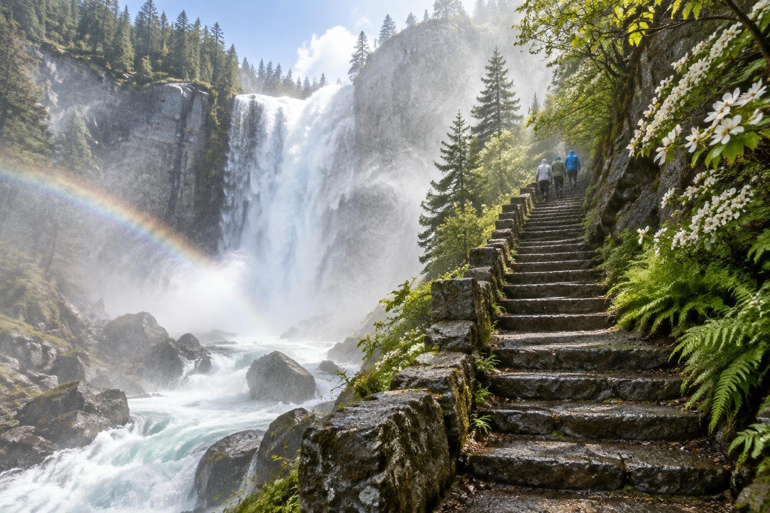 Wide view of a granite staircase beside a thundering waterfall in late spring, mist drifting over wet rock