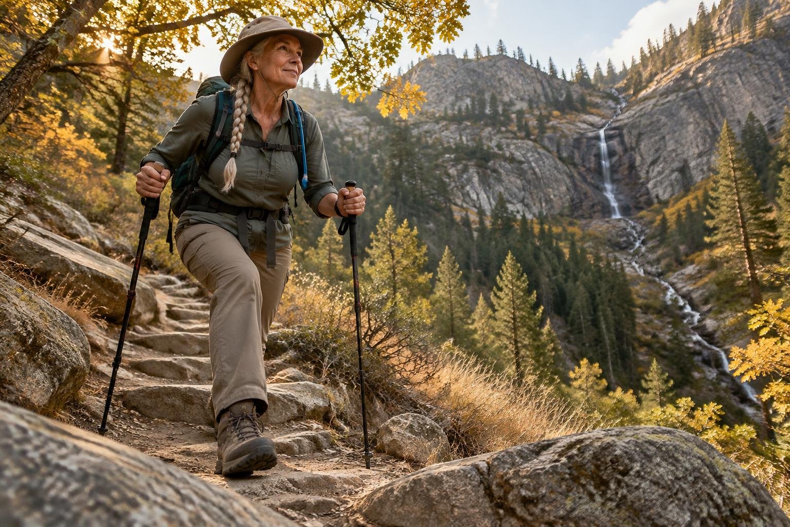 A hiker in sun hat and light layers climbs sun-baked granite switchbacks above a dry valley in early autumn