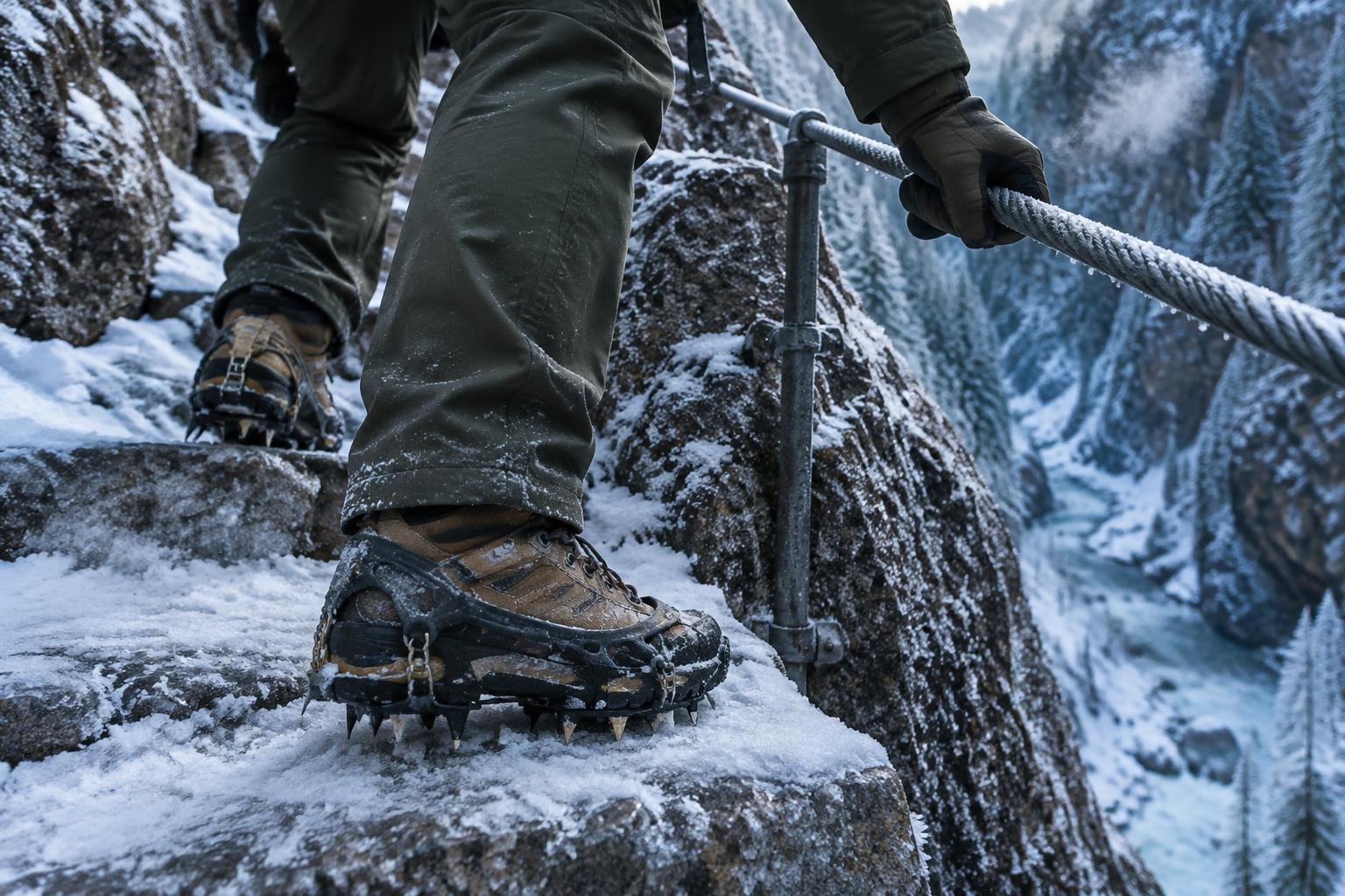 Close view of boots and microspikes on frosty granite steps with a dusting of snow