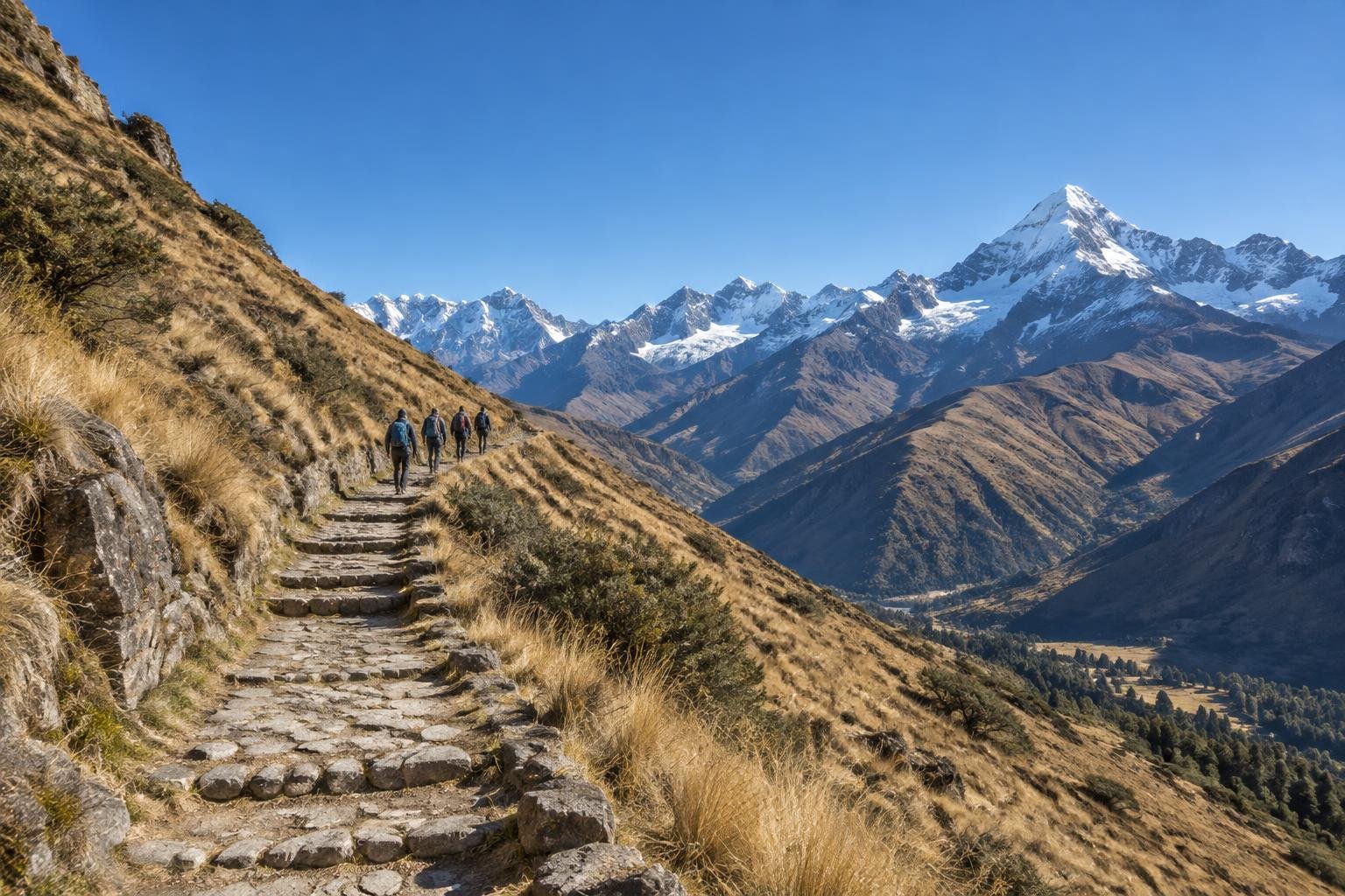 Wide view of a narrow stone-paved trail climbing a dry golden Andean hillside under crisp blue sky