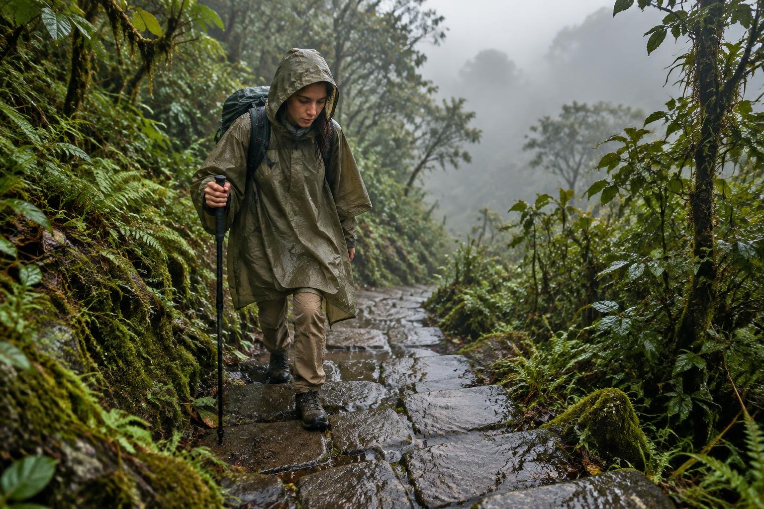 Trekker in a rain poncho carefully stepping down wet slick stone stairs in drifting cloud