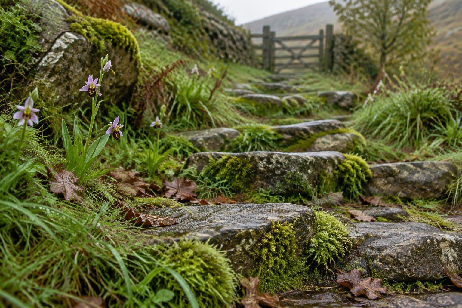 Moss and fresh grass growing between quiet empty stone steps on a trail with no people