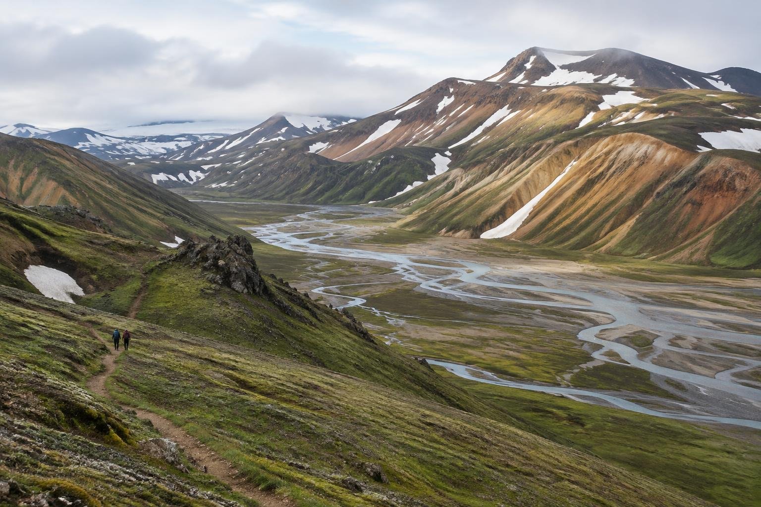 Wide view of snow-patched rhyolite slopes and a braided glacial river in late spring light