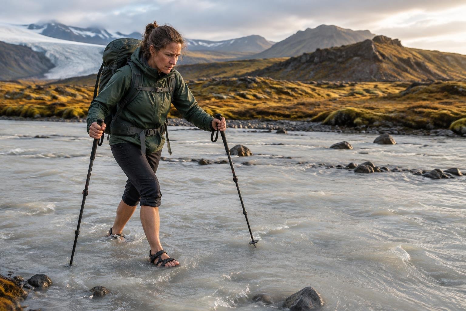 Hiker in rain jacket crossing a wide shallow river in autumn with trekking poles